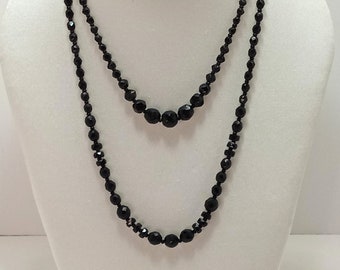 Vintage Pair of  2  Black Glass Bead Faceted Jet Black Glass Beaded Necklaces
