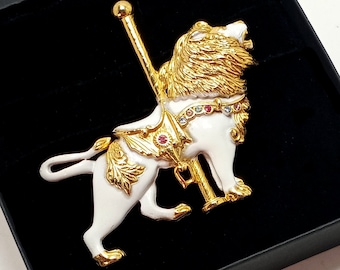 Vintage Carousel LION Gold Tone White Enamel Colourful Rhinestone Large Brooch