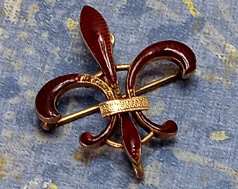Vintage Stamped 10k Gold Fleur-de-Lis Red Enamel Watch Pin