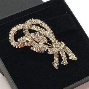 May include: A silver hair clip with a large, intricate design made of clear rhinestones. The clip is shaped like a stylized leaf or flower.