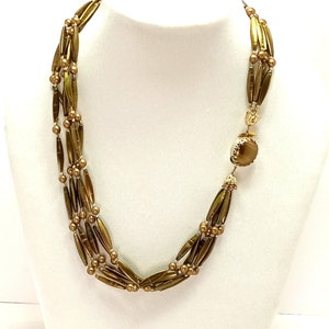 Vintage Hong Kong Lucite Multi Strand Necklace: Gold Tone Olive Green