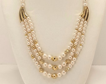 Vintage 1980's Faux Pearl and Gold Tone Necklace Made in Korea  Multi Strand Festoon