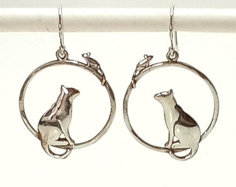 Vintage Sterling Silver Cat and Mouse Dangle Earrings Pierced Ear Hook