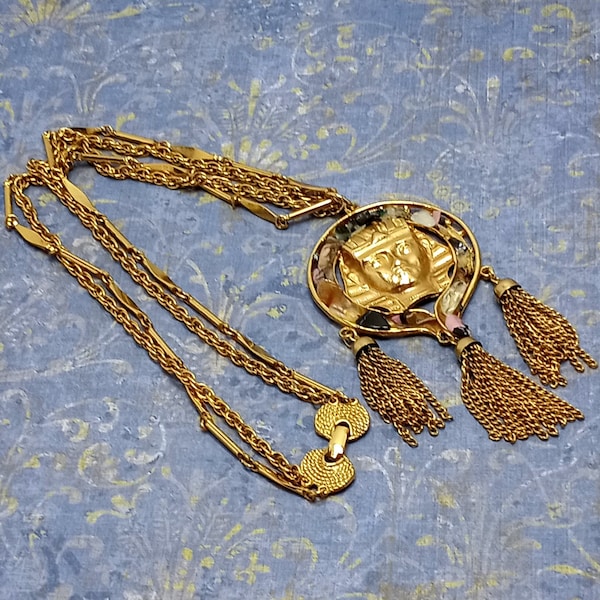 Vintage Gold Tone Egyptian Revival Tut Style Large Pendant Necklace Natural Stones Chain Sautoir