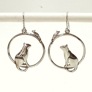 Vintage Sterling Silver Cat and Mouse Dangle Earrings Pierced Ear Hook