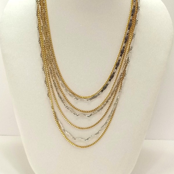 Vintage Signed Vendome Long Gold And Silver Tone Bar and Chain Multi Strand  Layered Necklace