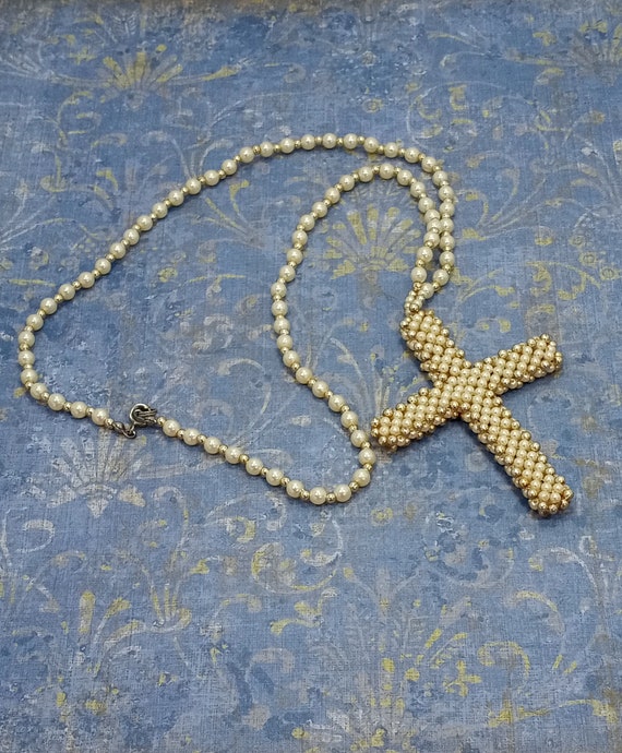 Collana Con Ciondolo Croce Vintage, Perle Sintetiche E Strass, Regolabile, Gioiello Elegante Da Donna - 2