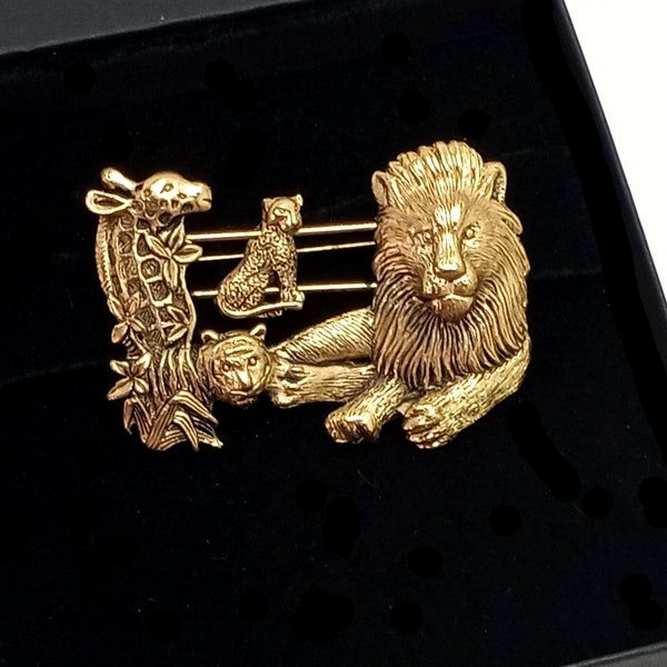 Vintage Gold Tone Lion Sliding African Safari Brooch Lapel Pin Lion Giraffe Tiger Leopard  Antiqued Gold