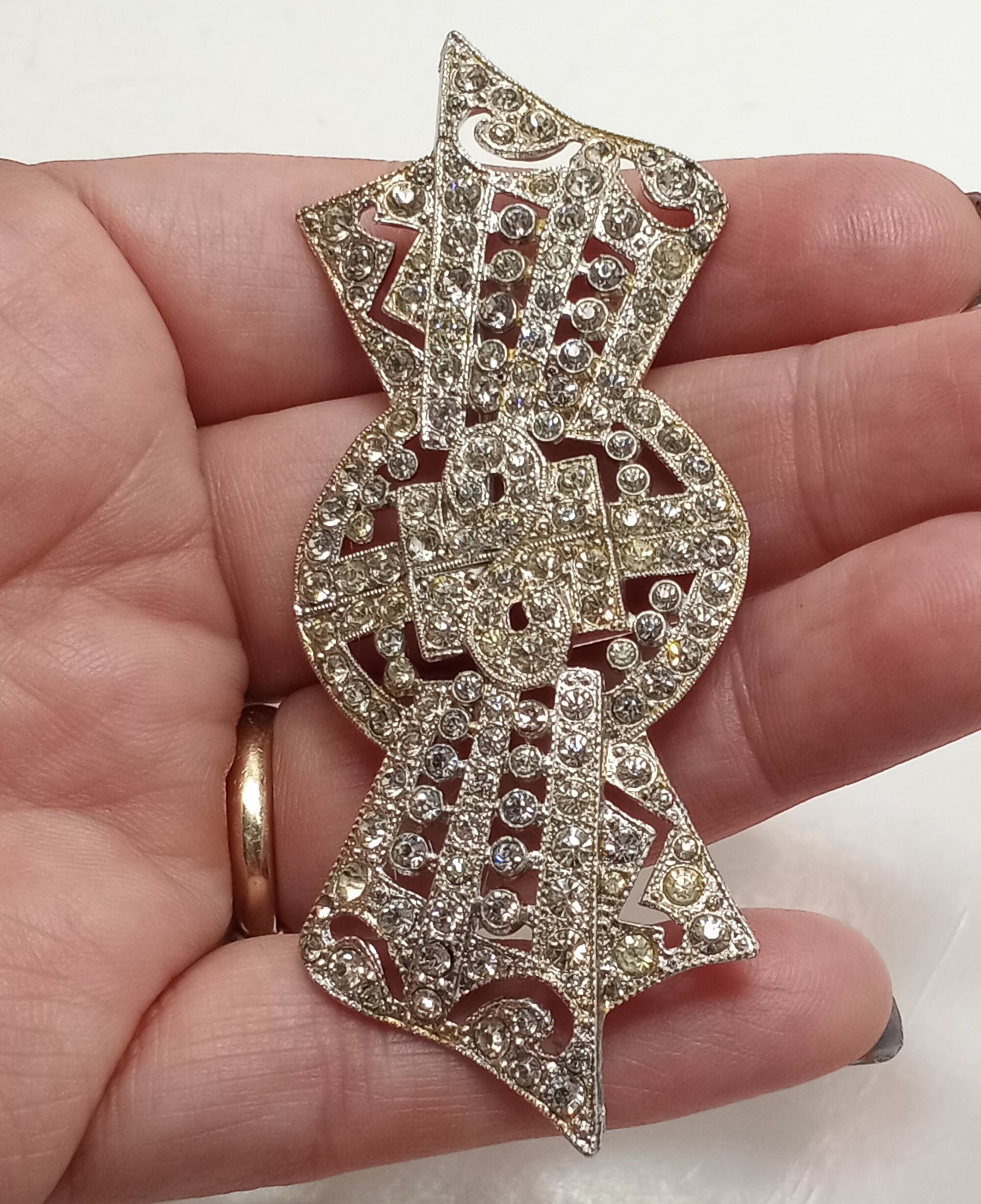 Broche Art Déco Argentée à Strass Blanc Et Perle - Style Géométrique Années 30 Vintage