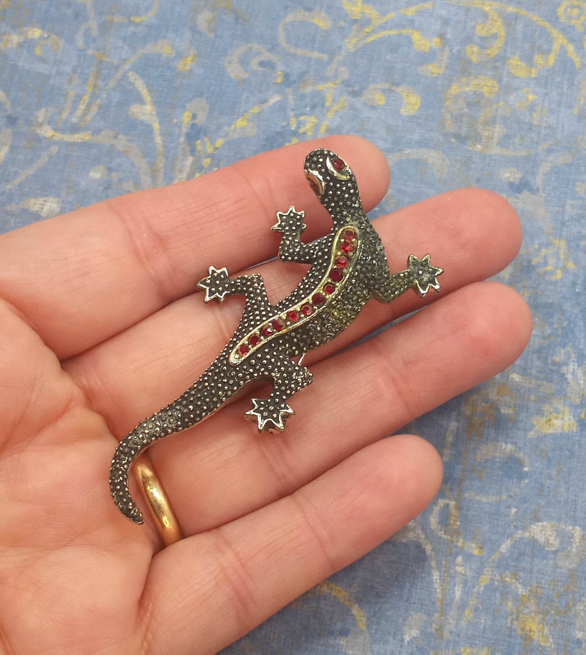 Vintage EMMONS Silver Tone Ruby Red Rhinestone Gecko Lizard Brooch 1950 ...