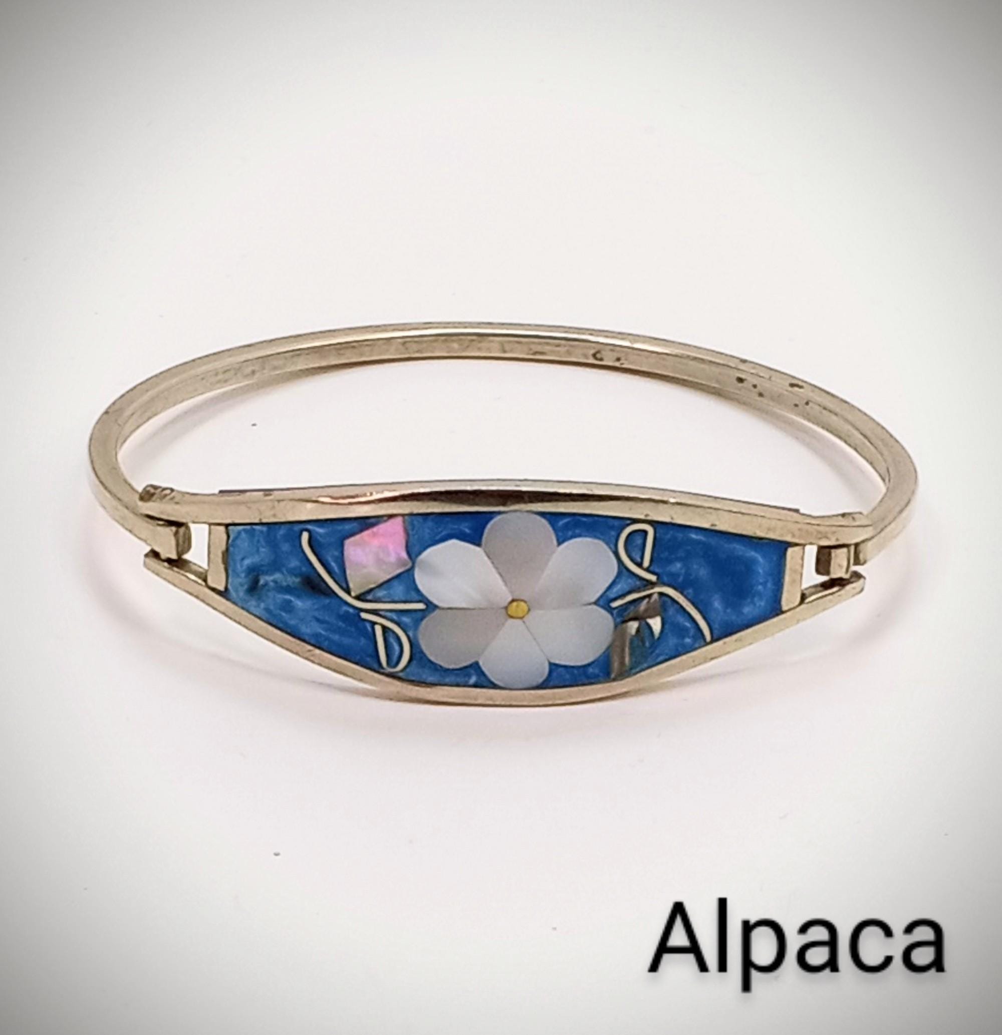 アクセサリー 60s Vintage Mexican Silver Bracelet Vintage Alpaca Mexico Cuff Bracelet: Mother of Pearl Flower, Blue