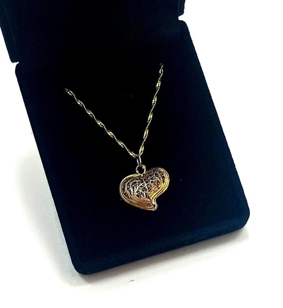 Vintage Filigree Puffy Heart Pendant: 10k Gold Over Sterling