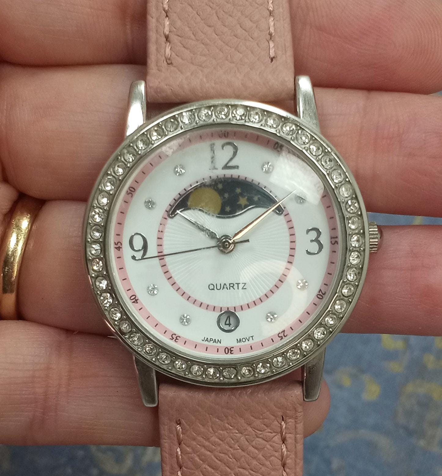 Vintage Moon Phase Watch: Pink Leather Band, Crystal Bezel  display picture 1