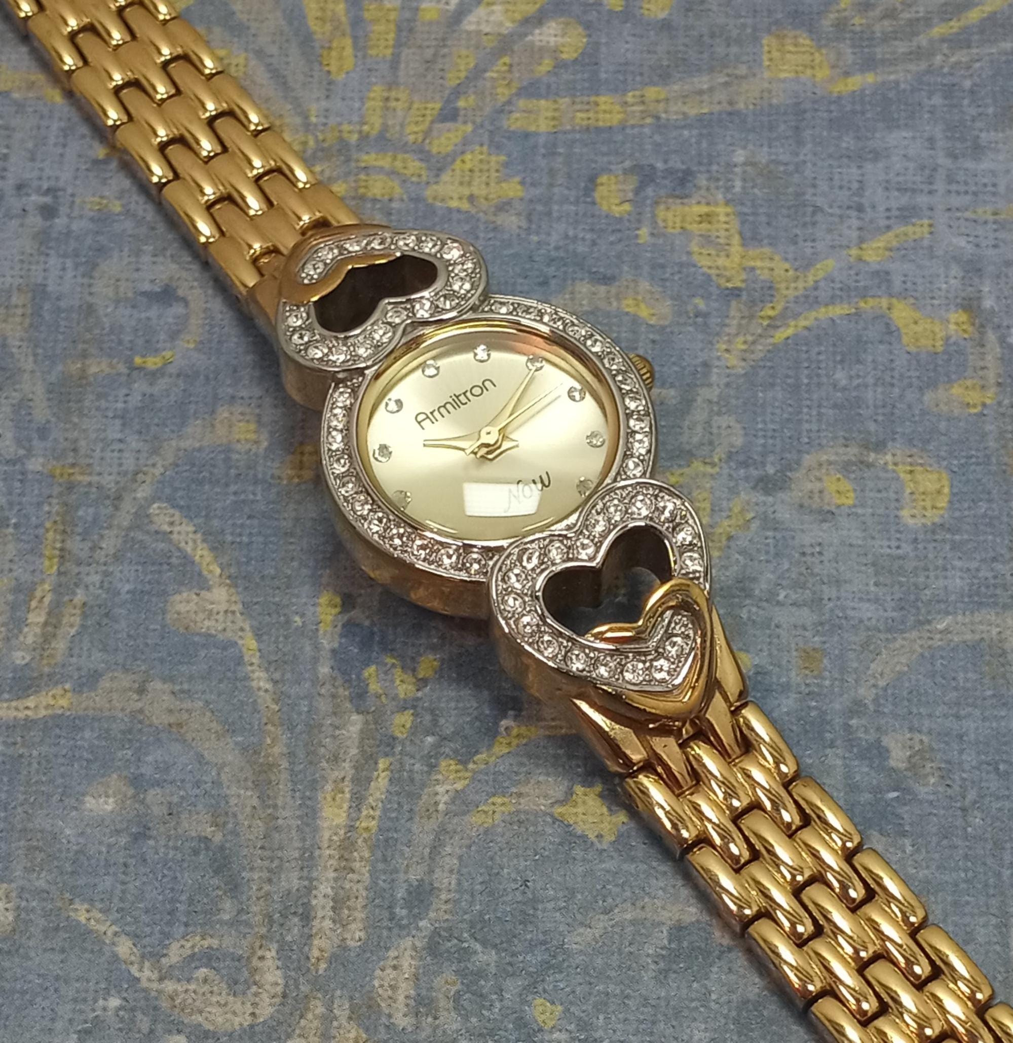 Vintage Armitron Gold Tone Crystal Heart Watch: Working  display picture 1