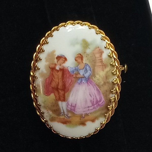 vintage Made In Limoges France Broche Broche Trombone Fermeture Fragonard Couple Fragonard Renouveau Victorien Doré