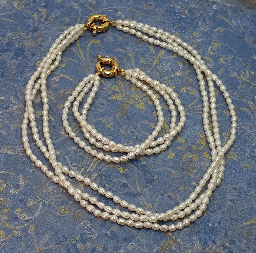 Fresh Water Baroque Rice Pearl Multi Strand Necklace and Bracelet Gold ...