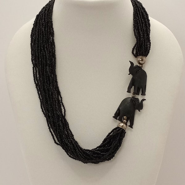 Vintage Black Carved Elephant Seed Bead and Bone Multi Strand Necklace Upturned Trunk