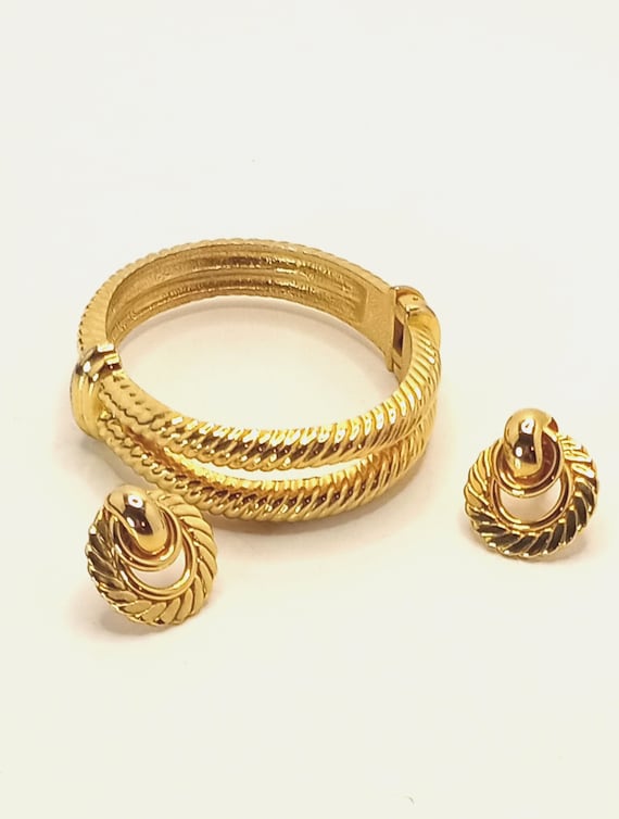 Vintage Gold Tone Rope Design Clamper Bracelet an… - image 1