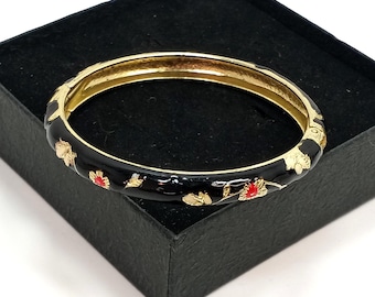 Vintage Black Enamel With Red Accents Gold Tone Floral Clamper Bracelet,  Hinged Bangle Bracelet