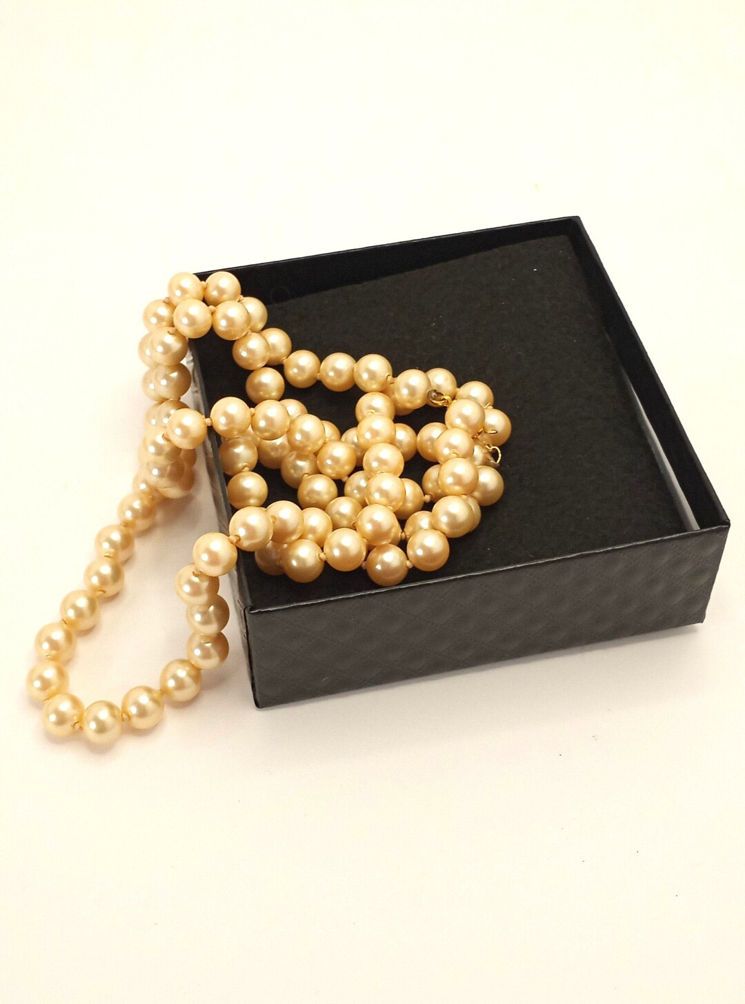 Vintage Long Golden Faux Pearl Glass Bead Necklace Faux Pearl Etsy