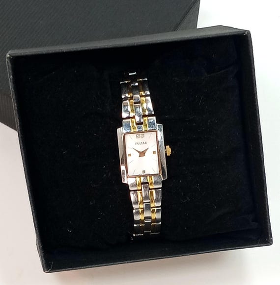 Vintage PULSAR Quartz Silver And Gold Tone Slim Women's Diamond Accent Dress Watch Working!