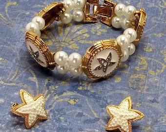 Vintage Gold Tone Butler Starfish Motif Faux Pearl Bracelet Avon Starfish Pierced Oorbellen