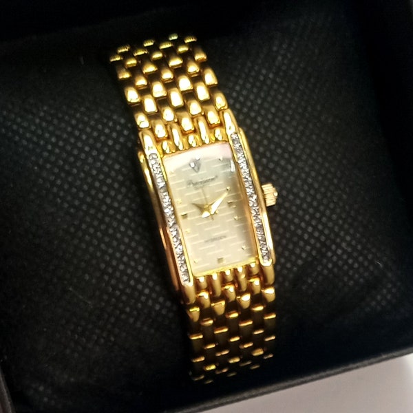 Vintage Women's Precision By GRUEN Quartz  Watch  Gold Tone Crystal Accent Dress Watch Tank Track Brick Link Band  Works!