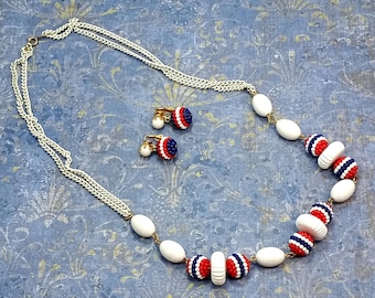 Vintage Patriotic Necklace and Clip On Earrings: Red, White, and Blue Lucite