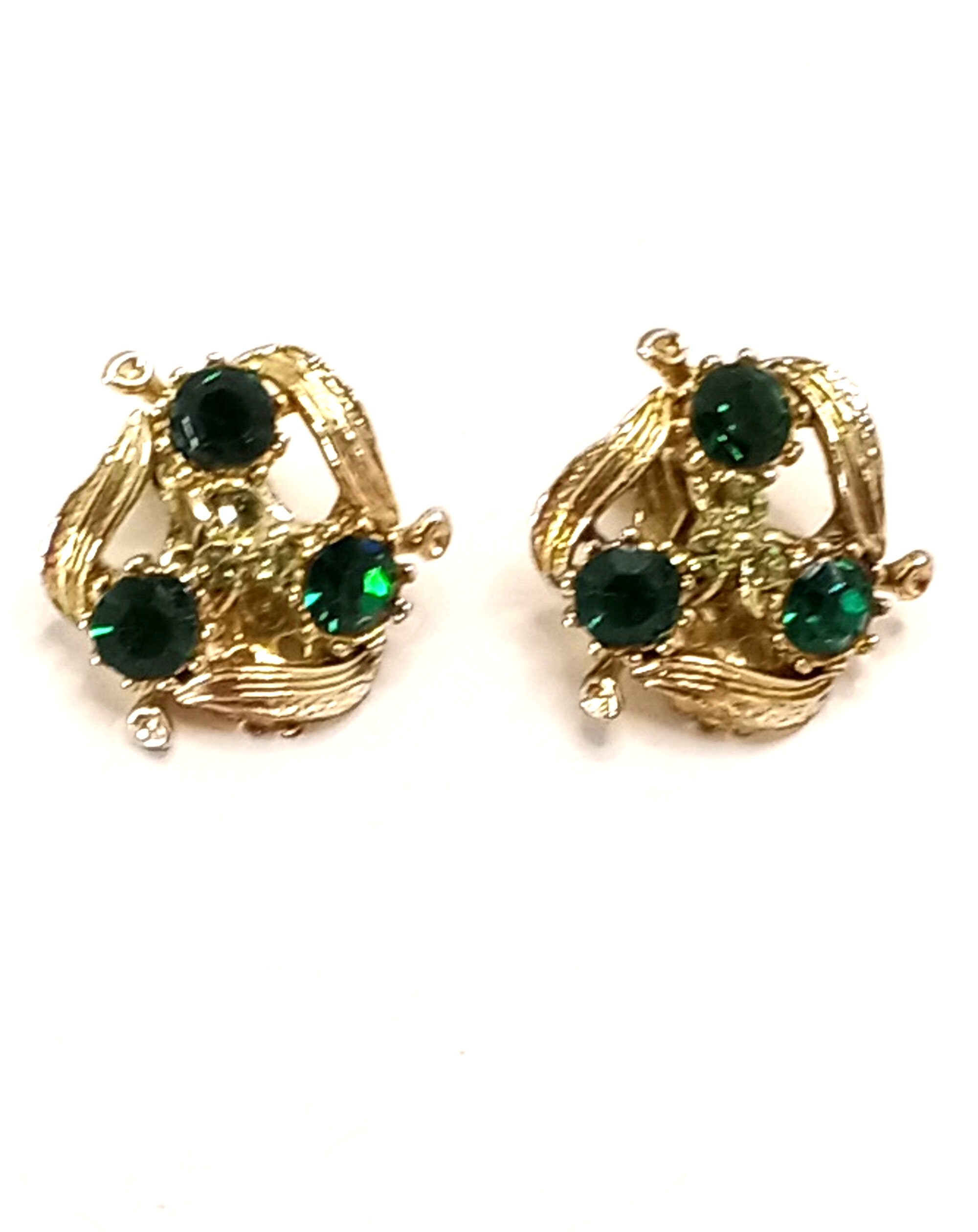 Boucles D'oreilles Clips Vintage Strass Transparent Et Vert - Ton Argent, O34, Non Signées