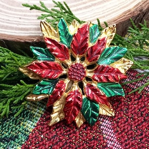 Vintage Christmas POINSETTIA Red Gold Green Cast Metal Brooch