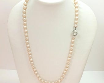 Vintage Hand Knotted Uniform Faux Pearl  Cream Necklace Ornate Box Clasp