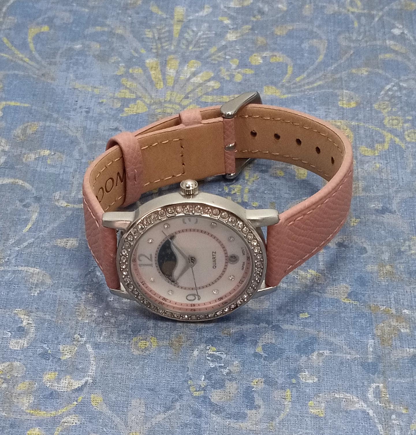 Vintage Moon Phase Watch Crystals Pink White Purple Leather 9 inch Strap Vintage Moon Phase Watch: Pink Leather Band, Crystal Bezel  main image 4