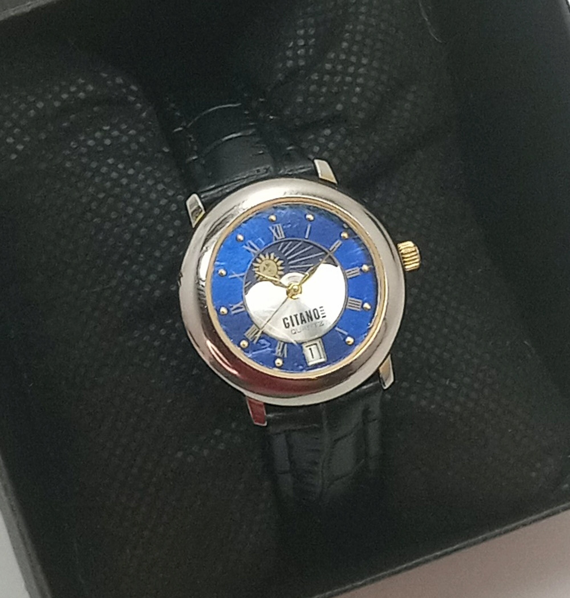 Vintage GITANO Sun Moon Phase Time Date Dial Gold Tone Dark Blue Face Genuine Black Leather Band Women Quartz Watch