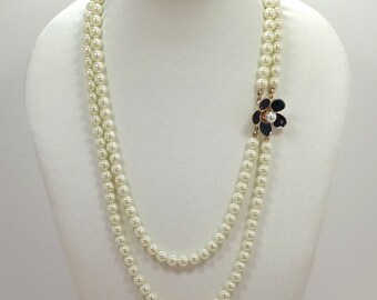 Grand Collier Sautoir Vintage Double Rang Perles Et Pampille Couleur Or - Occasion Impeccable