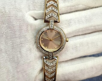 GOLD OVER STERLING SILVER, DIMOND ACCENT WOMAN\'S WATCH. BY DANBURY MINT. Vintage Danbury Mint Diamond Dress Watch: 14k Gold Plated  main image 2