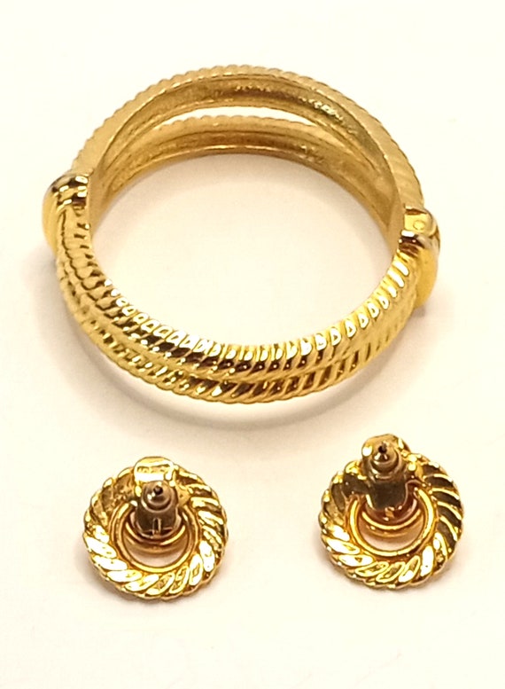 Vintage Gold Tone Rope Design Clamper Bracelet an… - image 4