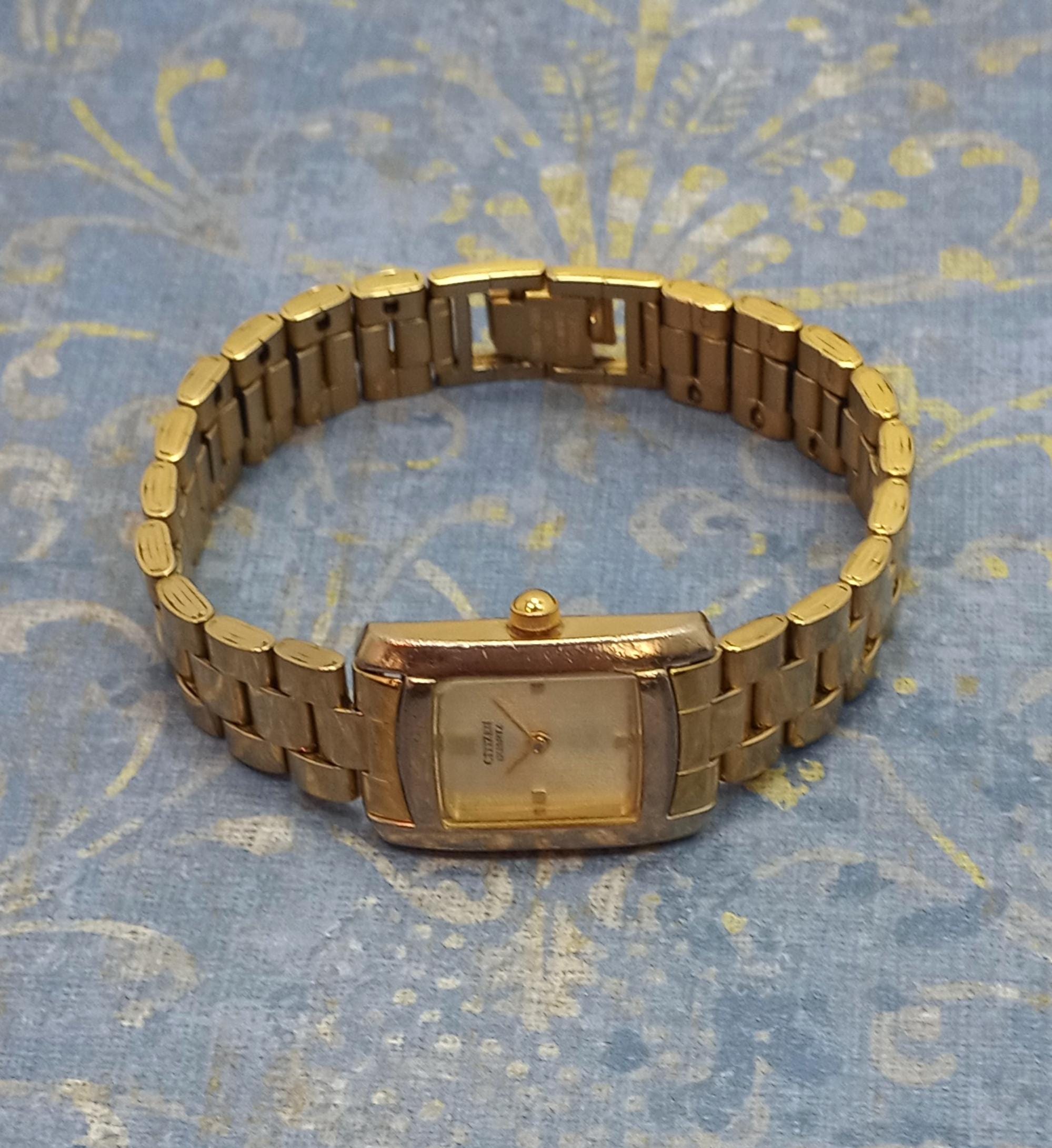 Vintage Citizen Quartz Ladies Gold Tone Rectangular Watch Two-Tone Band Japan Vintage Citizen CQ Tank Watch Women Gold Tone White Dial  main image 3
