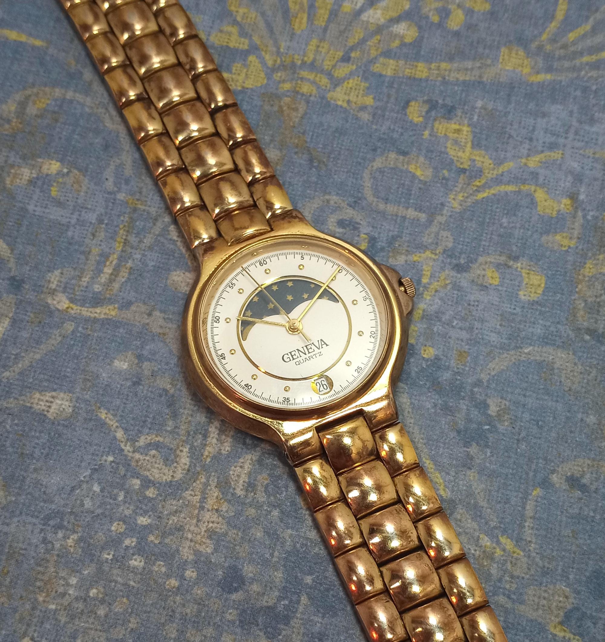 GENEVA インキ止め式 万年筆 14K 戦前？ アンティーク ジャンク Vintage Geneva Moon Phase Watch: Gold Tone Tank Band, Working