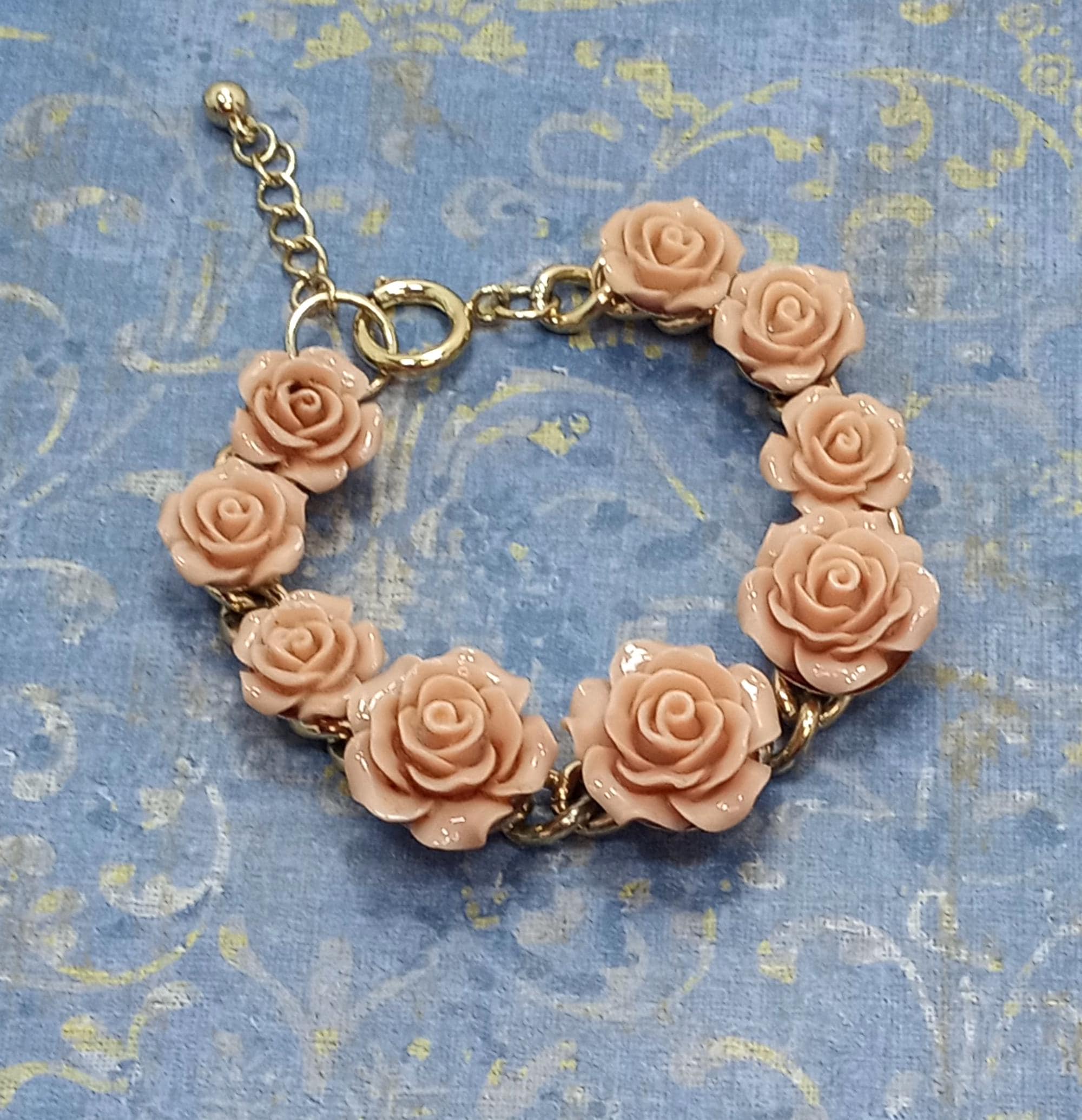 Vintage Bijou Brigitte Rose Bracelet: Gold Tone Curb Chain, Coral