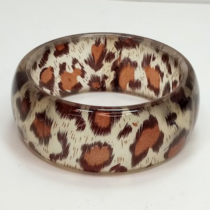 Vintage 80s Lucite Leopard Print Bangle: Fabric Embedded Chunky Bracelet