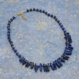 Hand Crafted Lapis Lazuli Gold Filled Stick Bead Fringe Necklace Vintage Inspired Up Cycled Beads