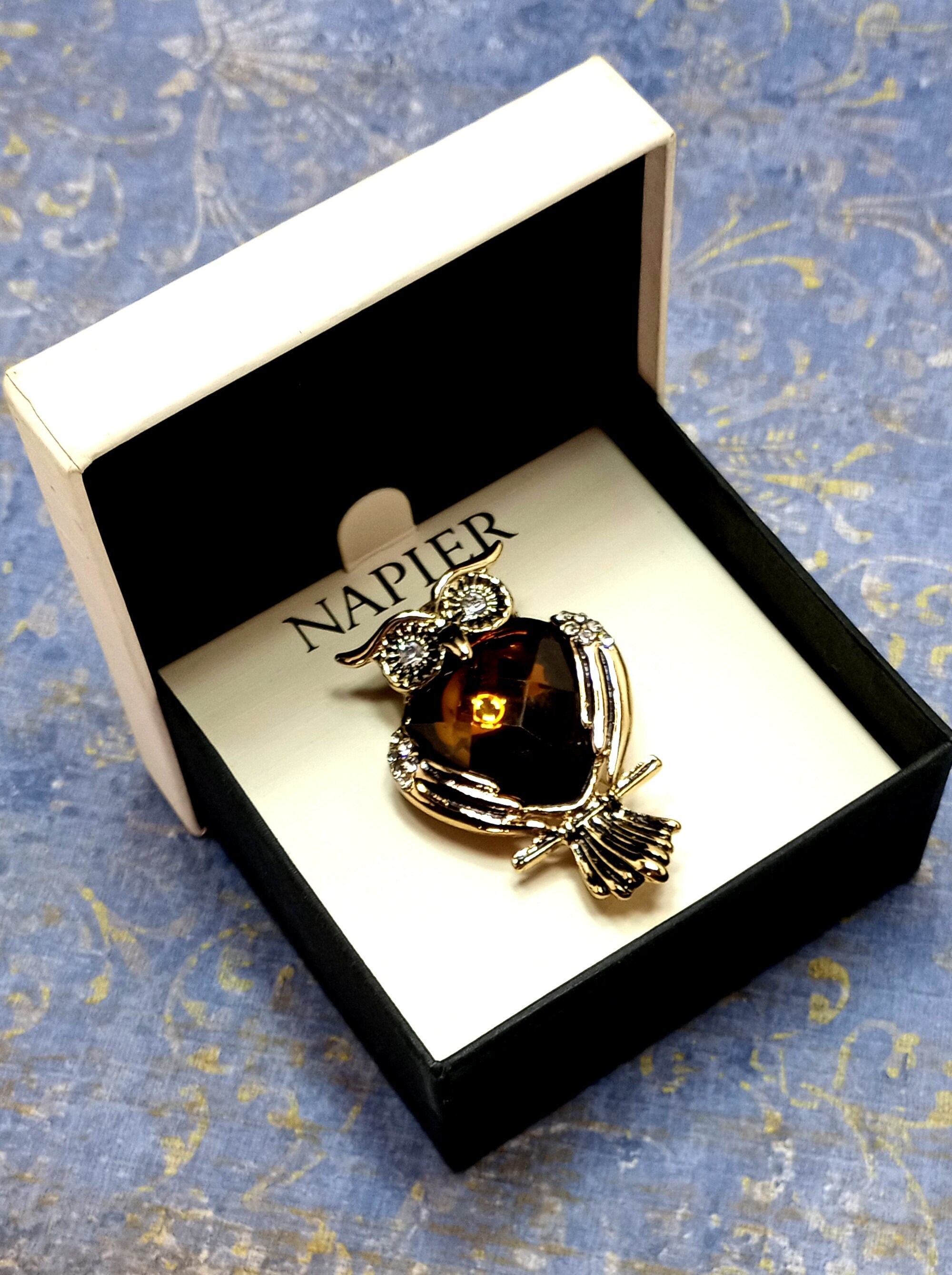 Vintage NAPIER Owl Brooch Gold Tone Clear Brown Rhinestone Belly Rhinestone Eyes In Box