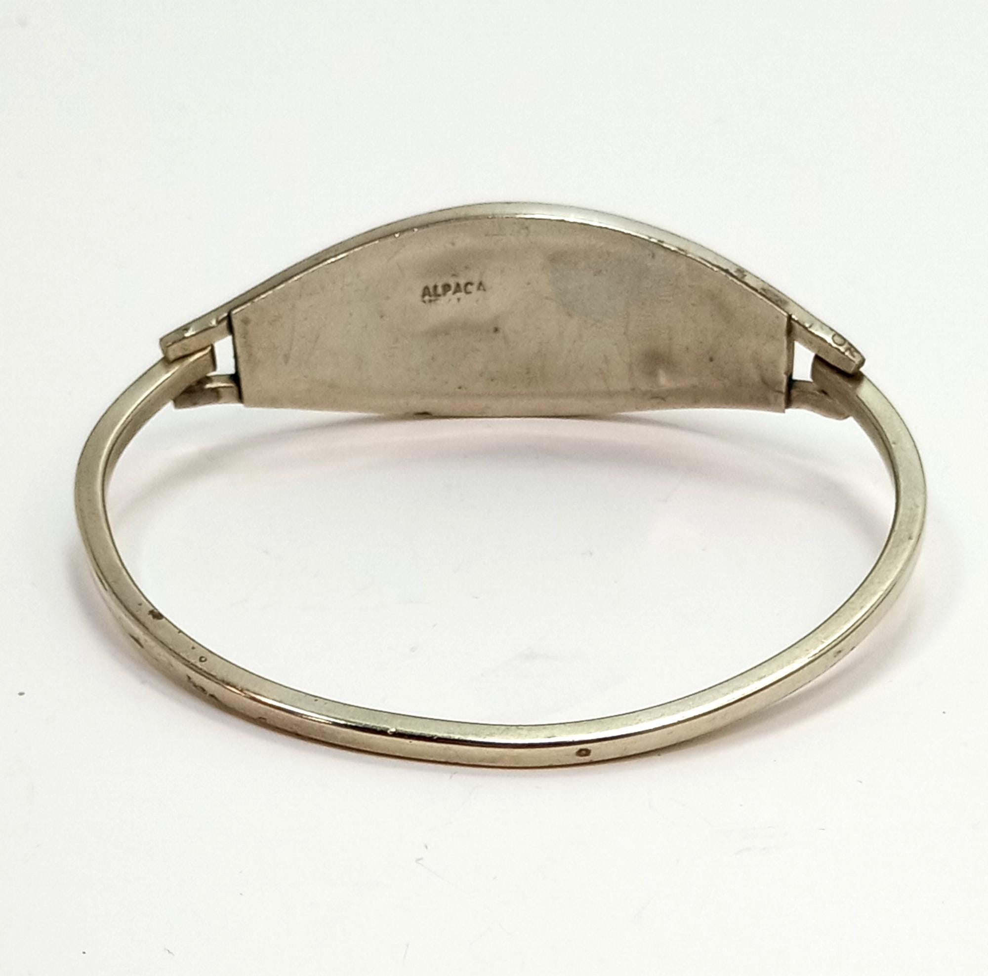 Vintage Alpaca Mexico Cuff Bracelet: Mother of Pearl Flower, Blue