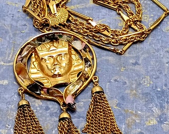 Vintage Gold Tone Egyptian Revival Tut Style Large Pendant Necklace Natural Stones Chain Sautoir