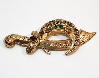 Vintage Gold Tone Rhinestone Shriner Crescent Moon & Scimitar Brooch Pin