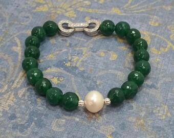 Bracelet: Green Pearls, Black and Silver Accents, Adjustable  display picture 1