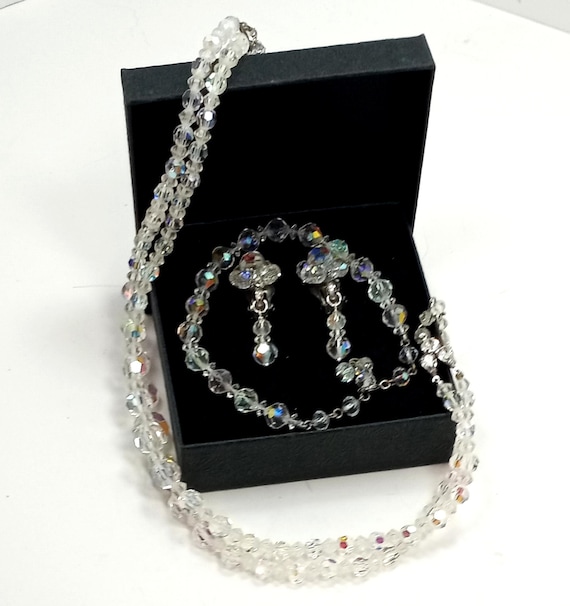 Vintage AB Crystal Jewelry Set: Beaded Bracelet & Dangle  display picture 3