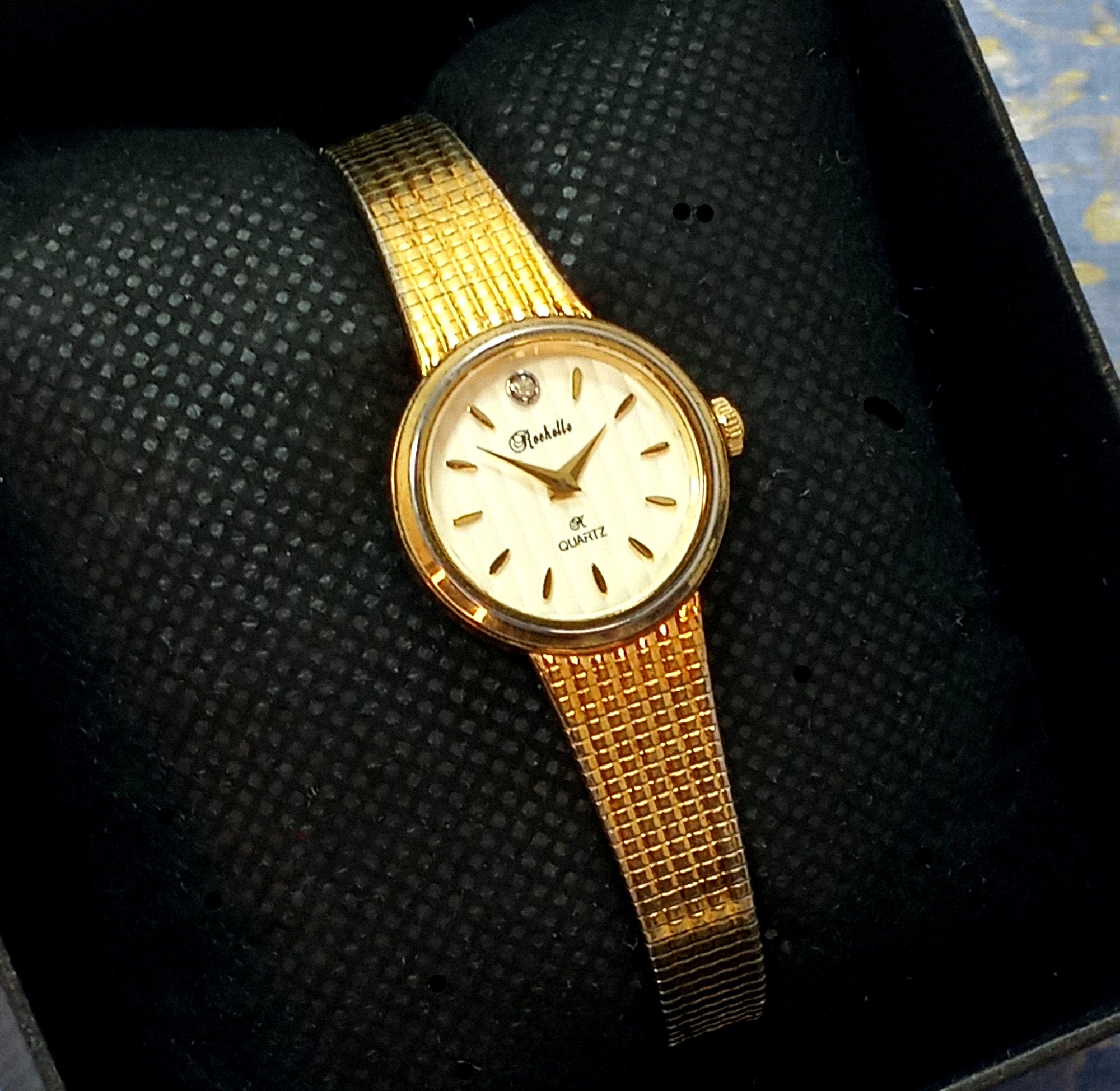 Vintage ROCHELLE Quartz Gold Tone Diamond Chip Accent 