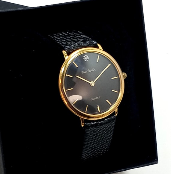 Vintage PIERRE CARDIN Quartz Diamond Accent Gold Tone Black Dial