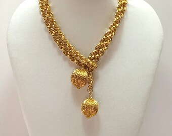 Vintage 70's Gold Tone 36 Inch Double Rolo Link Endless Continuous Chain Lariat Gold Ball Ends